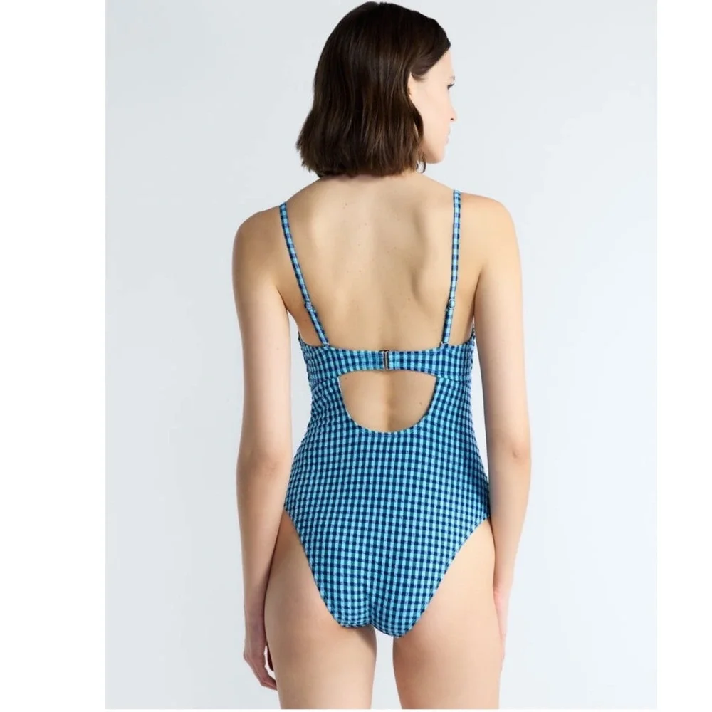 Free Assembly Blue Gingham V-Wire One Piece Swimsuit Cheeky High Leg Size M 8-10